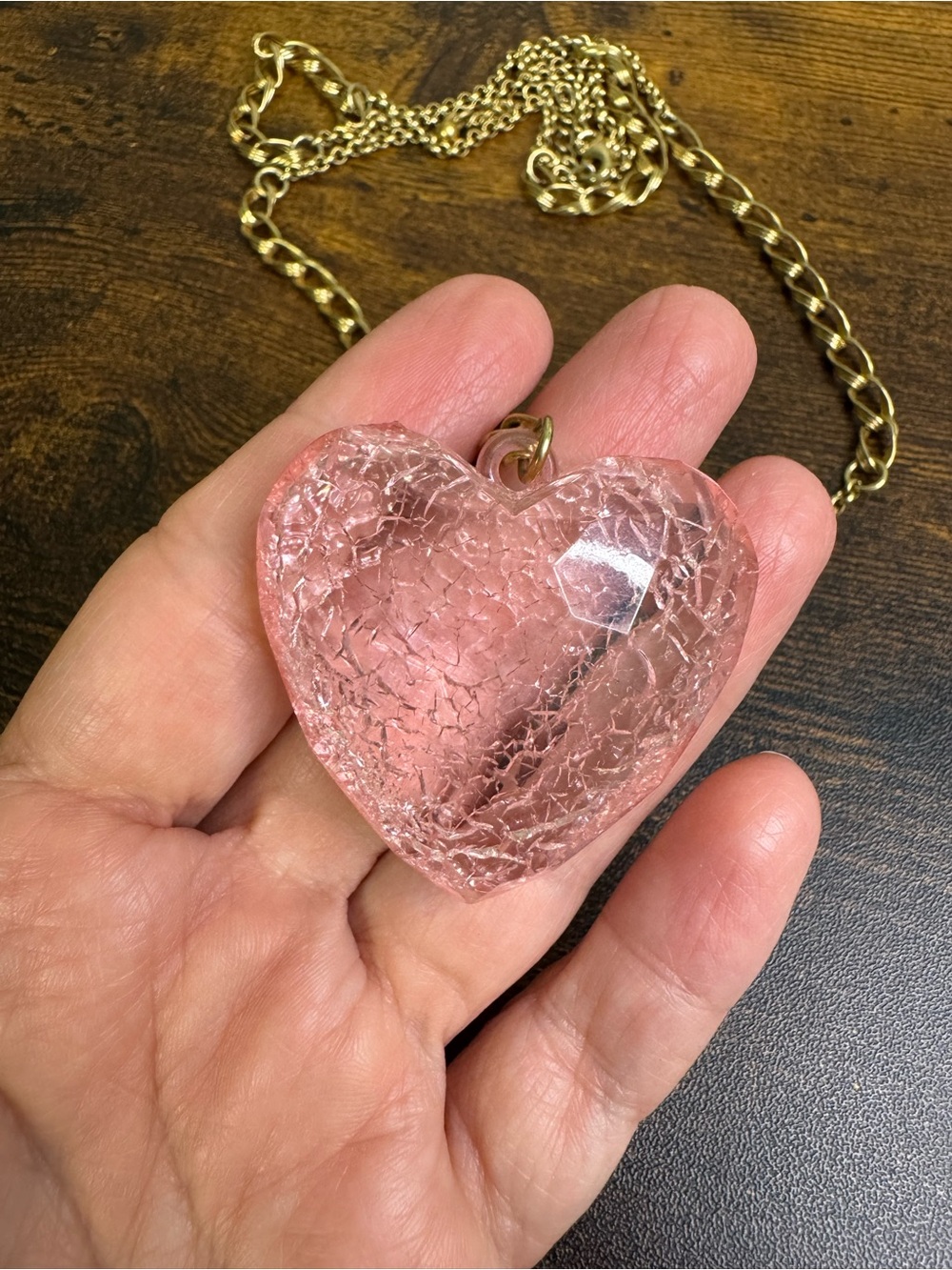 Gold Tone Chain Necklace with Pink Puffy Heart Pendant